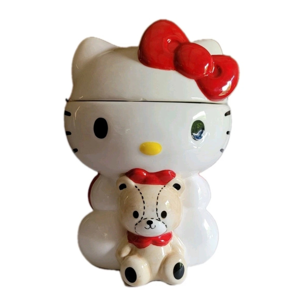 NEW Hello Kitty RED Ceramic Cookie Jar W/ Teddy Bear Sanrio Blue Sky Clay Works